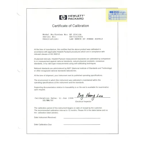HP Certificate of Calibration